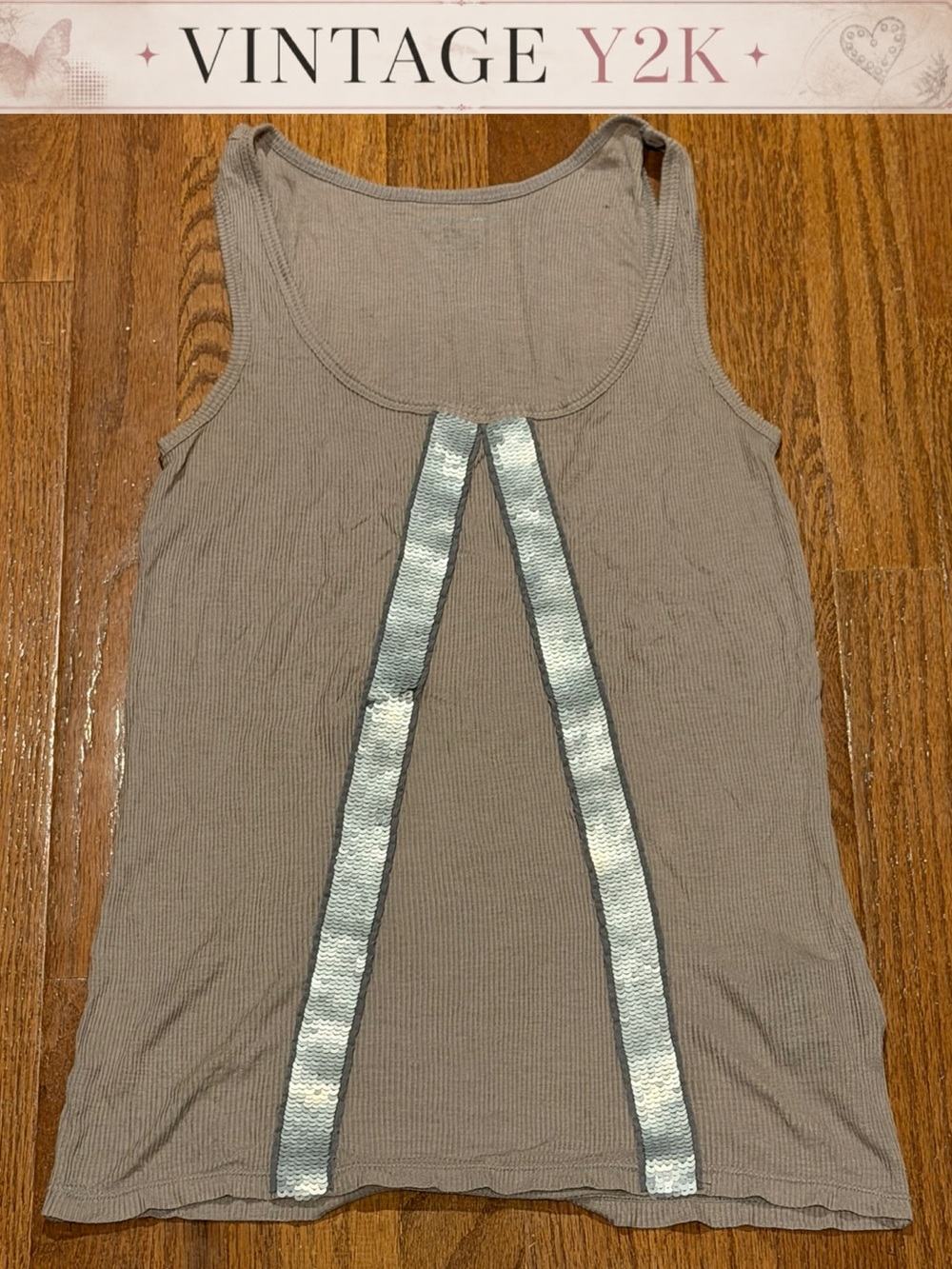 Vintage Y2K Sleeveless Rib Tank Top with Silver Sequin Trim.